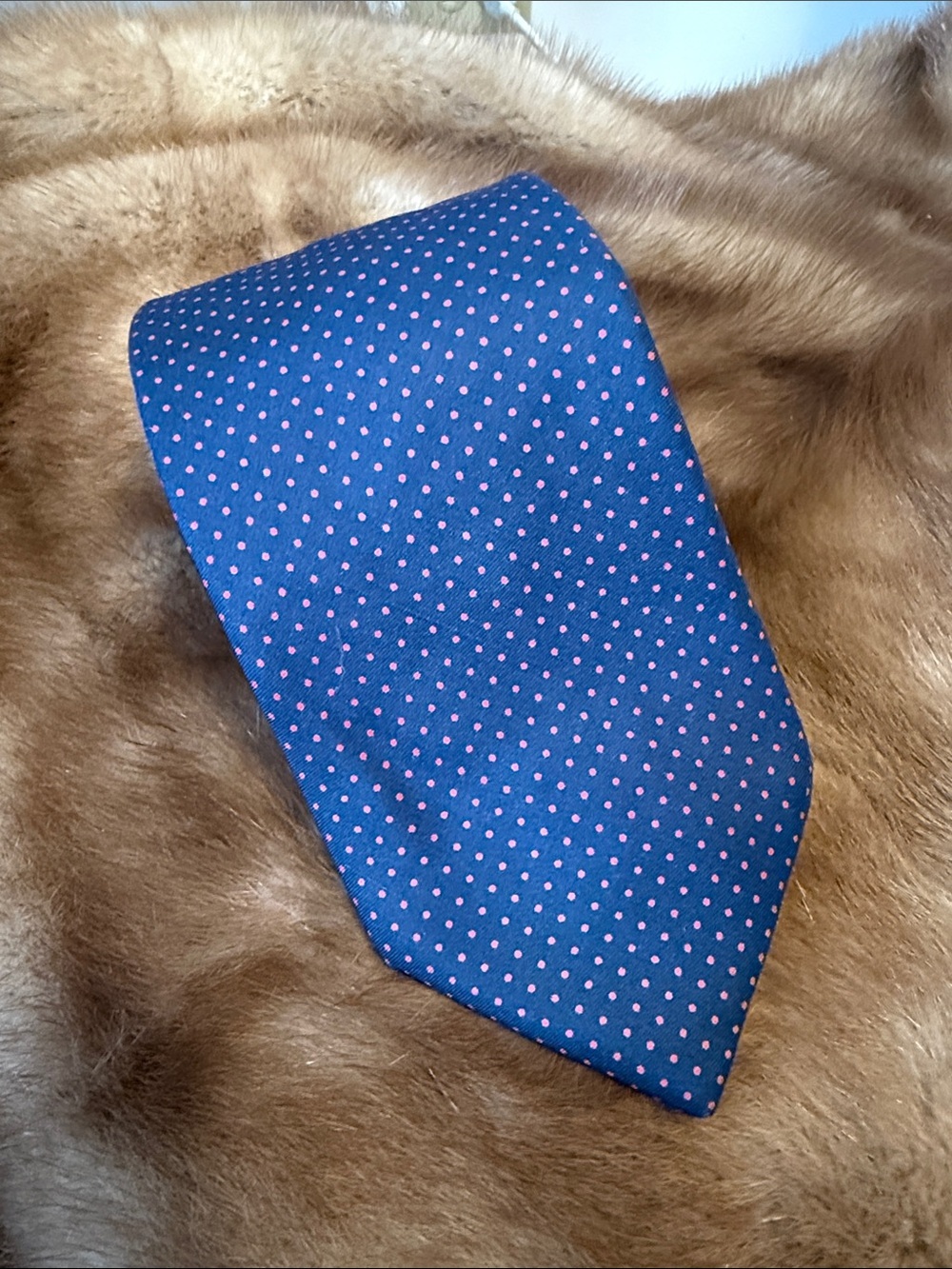 Vintage Marshall Fields All Silk Men's Navy Tie with Pink Dot Pattern